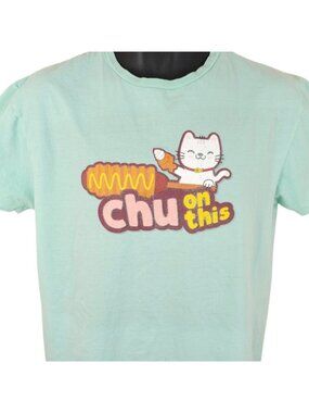 Kawaii Cat T Shirt Mens Size Large Blue Chu On This Corn Dog Snack Tee